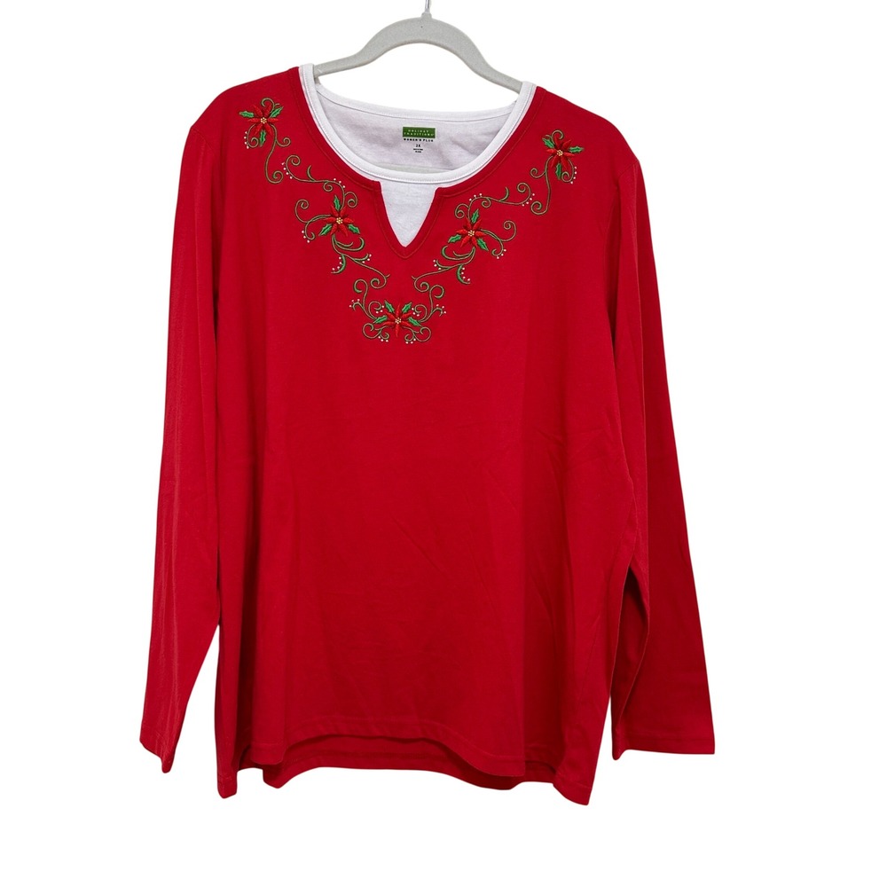 Holiday Traditions Shirt Womens‎ 2X Red Poinsettia Embroidered Top